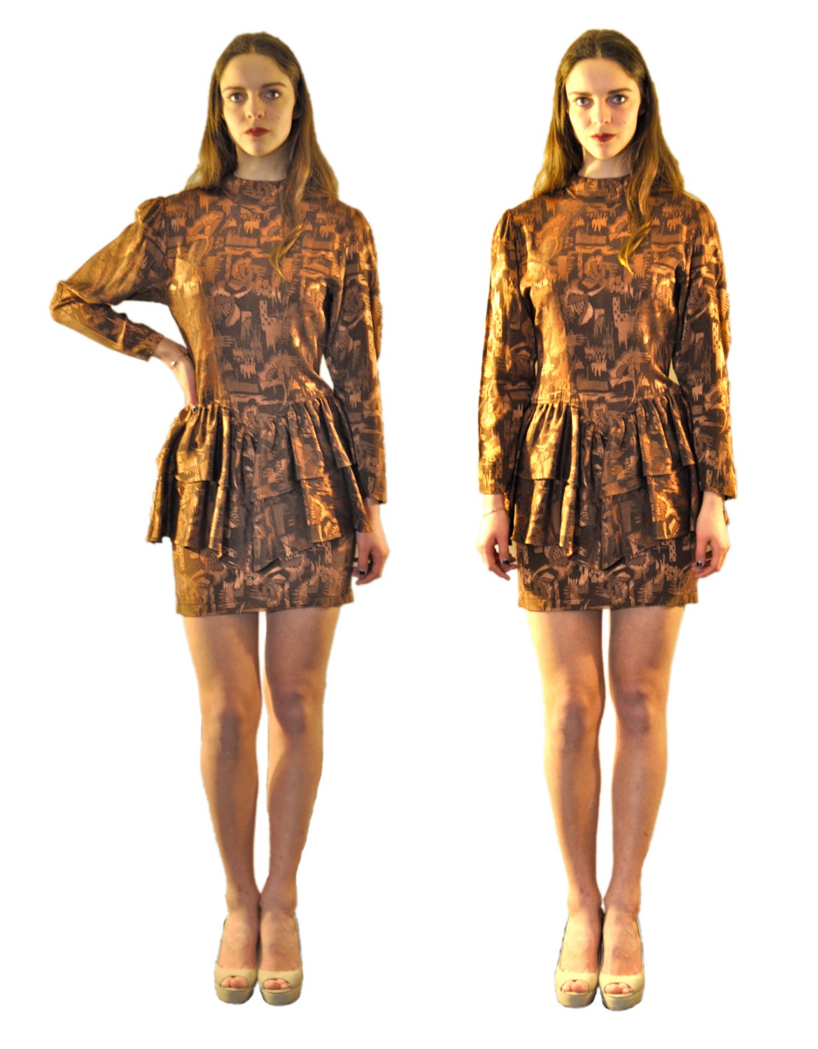 80s Mini Peplum Dress RaRa Skirt Printed  - Shiny Silky Metallic  - Bodycon - Mock Turtle Neck - Mini Dress - Wiggle - Women's Size M (6-8)