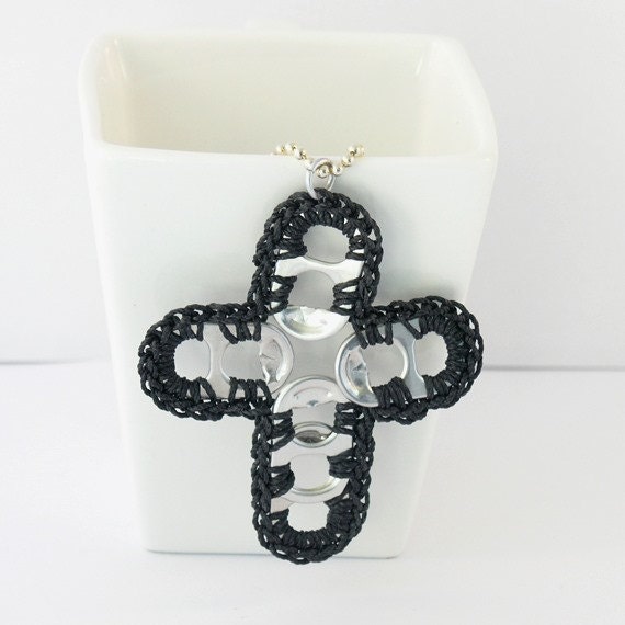 pop tab cross necklace - black crochet - 22 inch