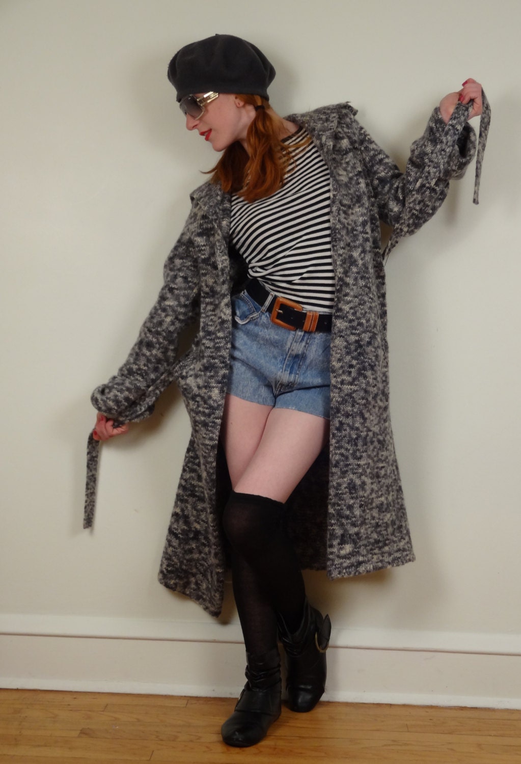 Vintage 1970s Duster Cardigan Sweater in Grey with Belt by St. John for Saks Fifth Avenue