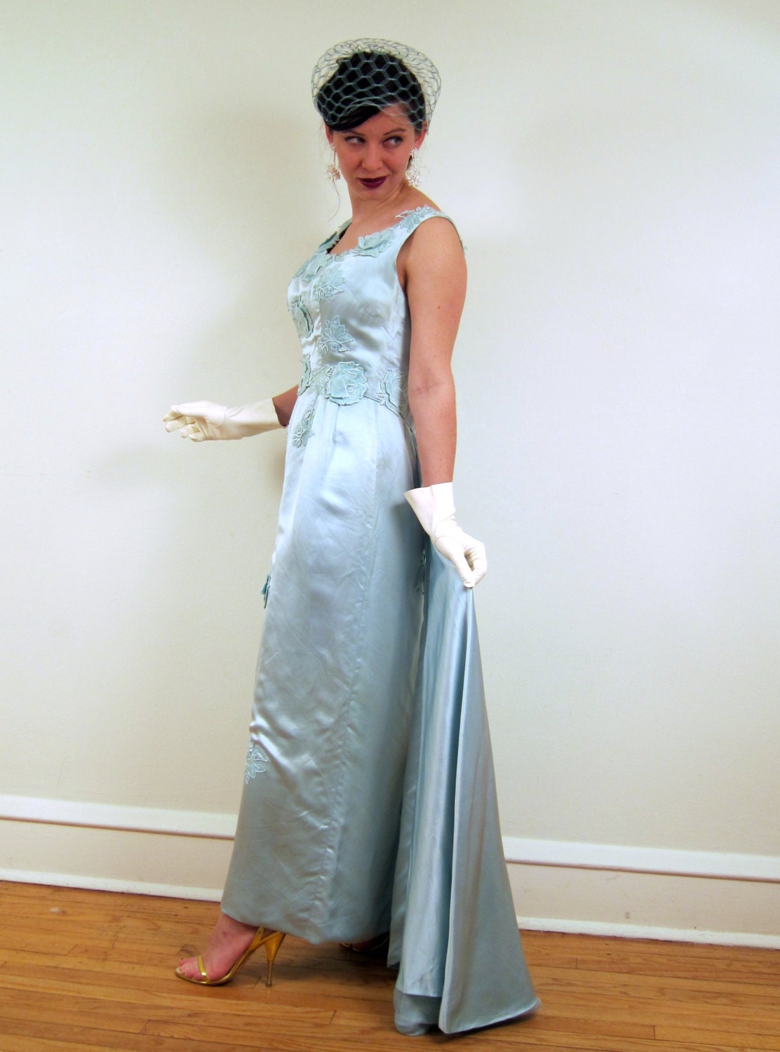 Vintage 1960s Party Dress in Sky Blue Satin w/Floral Applique and Rear Scarf Panels