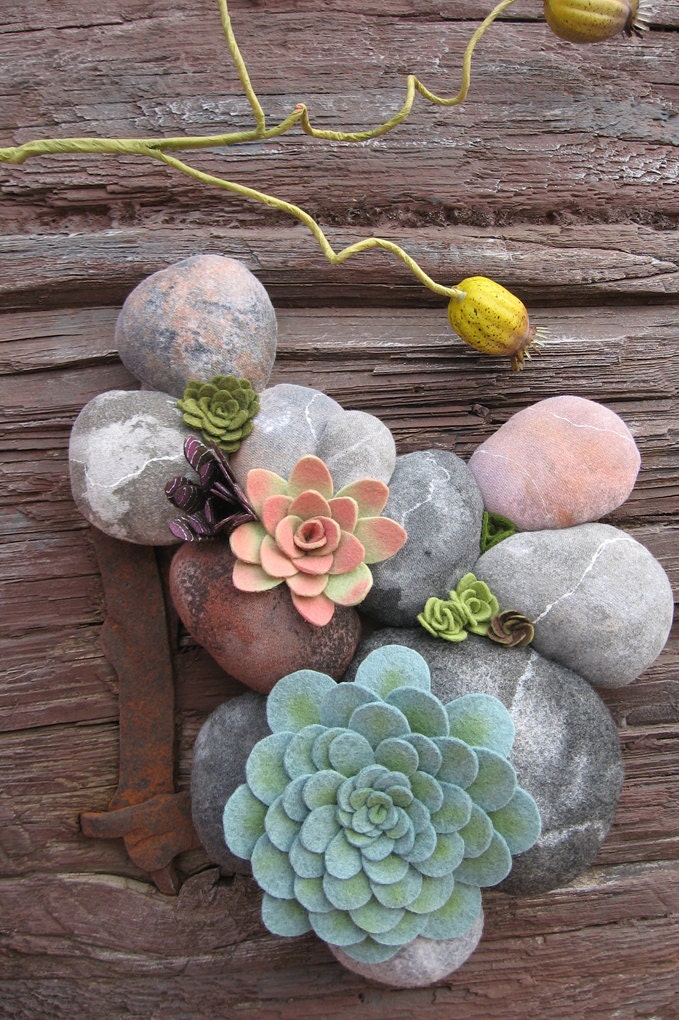 felt succulent plant and faux rock soft sculpture