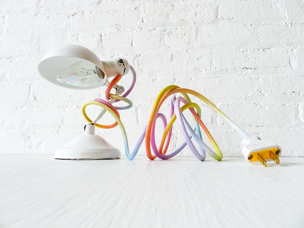 Vintage Industrial Lamp Lighting - White Sconce Clip Clamp Light w/ Pastel Ombre Rainbow Color Cord - EarthSeaWarrior