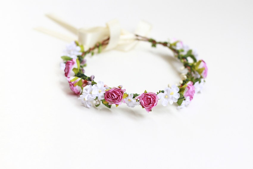 romantic wedding headpiece / 'faith' headband, vintage inspired flower rose crown, peach, dainty small ribbon tie.