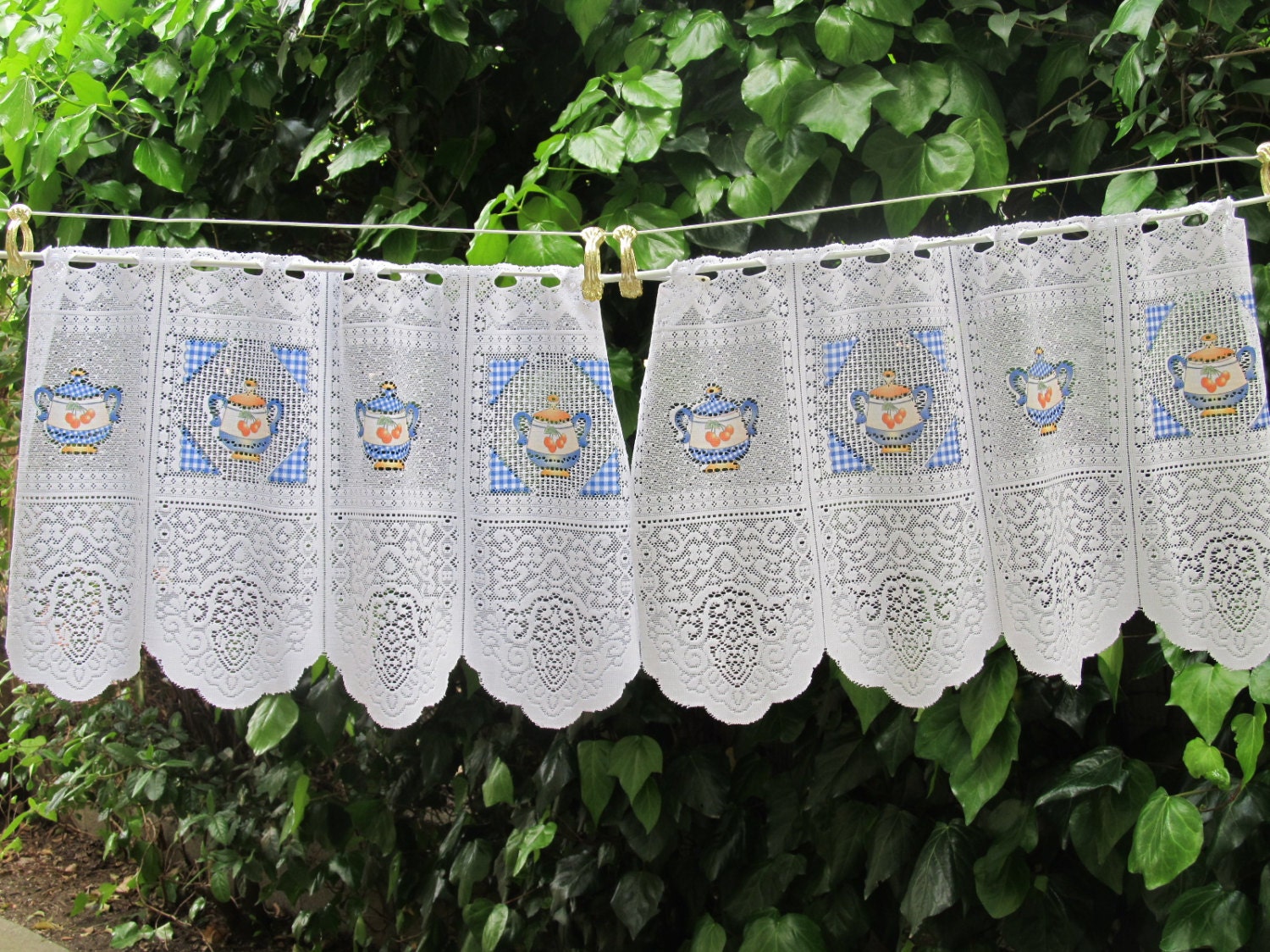 Vintage Cafe Curtain, French Lace Brise Bise, Blue Pottery Design