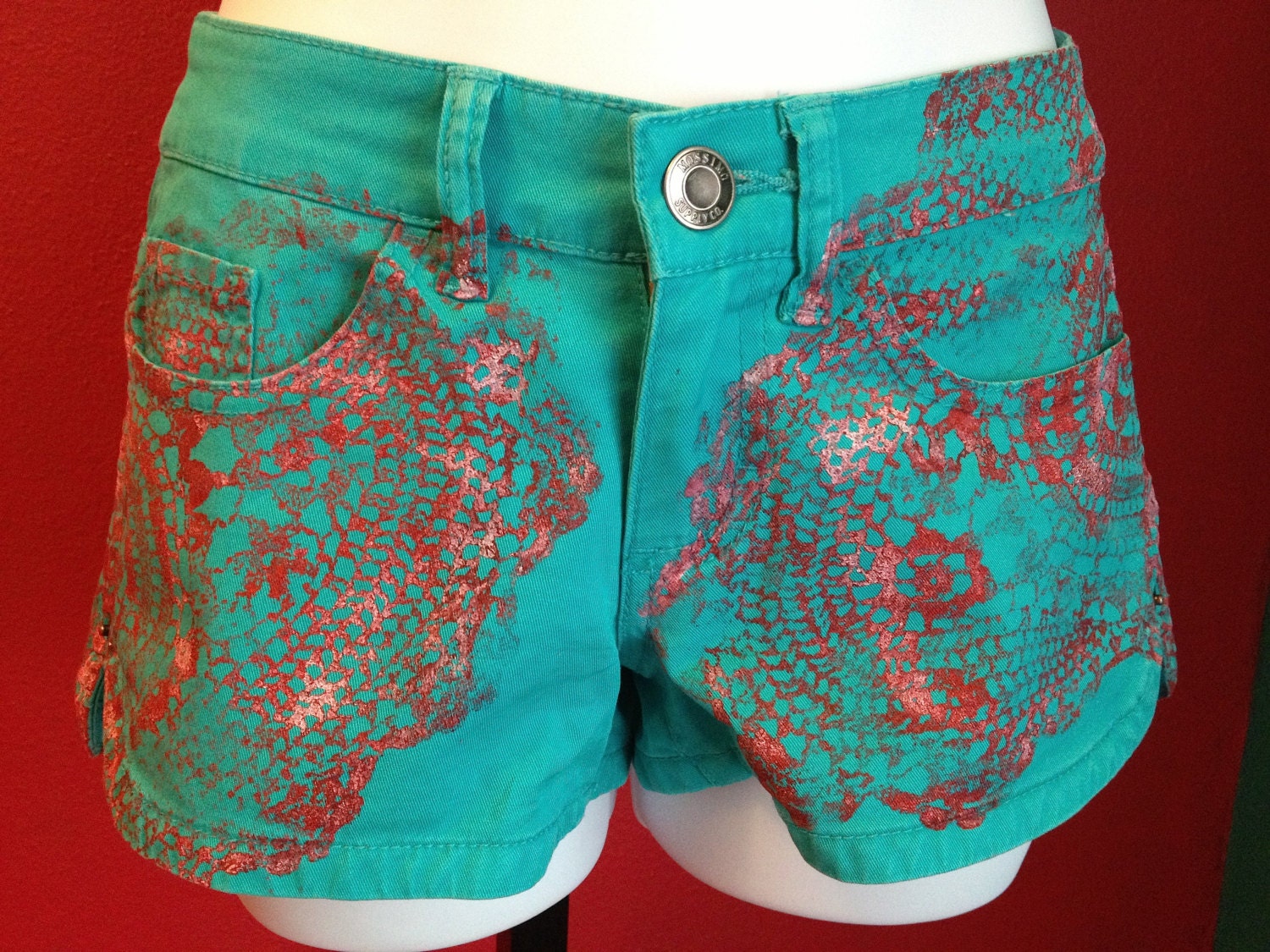 Teal Short SHORTS, hand printed with Red CROCHET doily Pattern, Size 1