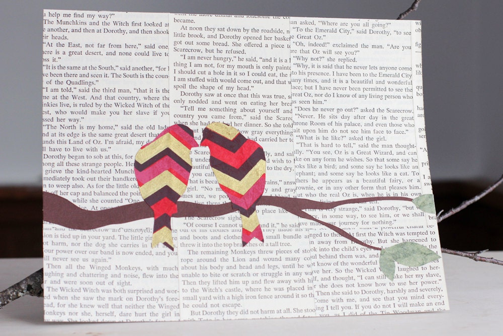Pink and Gold Chevron Lovebirds on a Branch, Original Collage Over Vintage Book Pages, 8x10, Bird on Branch Art, Eco Friendly Nursery Art