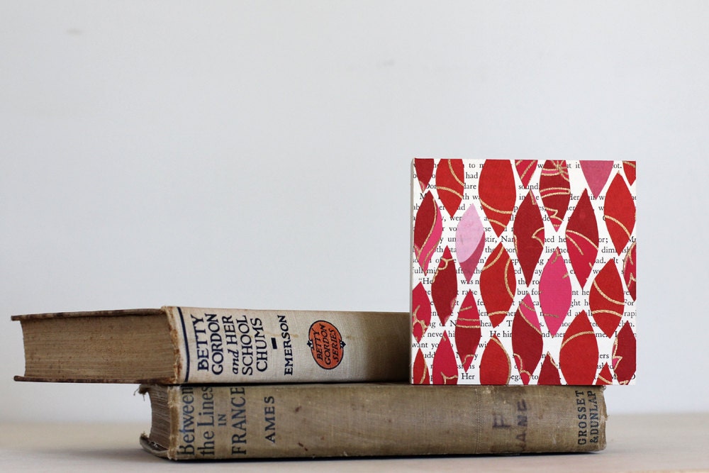 Vibrant Geometric Collage Block, Hand-cut Red and Pink Lattice Pattern Over A Vintage Book Page Background, Original Collage, 4"x4"x1.5"