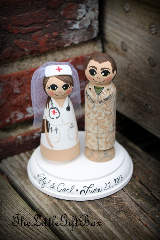 Wedding Cake Topper / Wood Peg Dolls with Plaque - Nurse and Soldier / Army -Navy -Air Force -Marines -Marine Corps -Armed Forces -Military