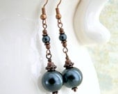 Grey Pearl & Copper Earrings - Grey Earrings - Glass Pearl Earrings - grey and copper jewelry with Niobium ear wire options