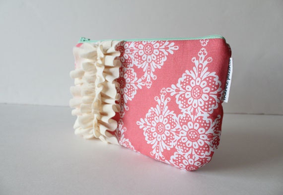 ruffled clutch -- coral & mint