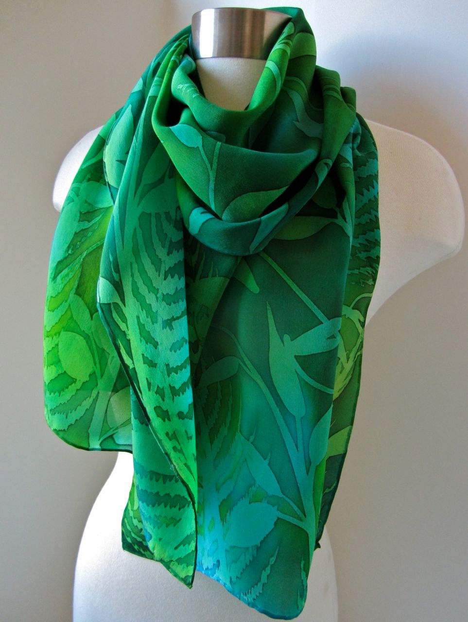 Silk Scarf Hand Painted - Dragonfly and Butterfly Scarf in Spring Colors - Emerald Green - Ready to Ship
