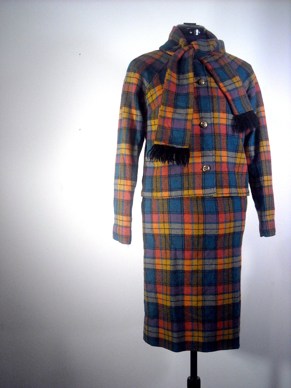 Vintage Plaid Wool Skirt Suit 1960s Junior House Milwaukee Jacket Skirt Scarf Combo Mad Men Winter Fashion