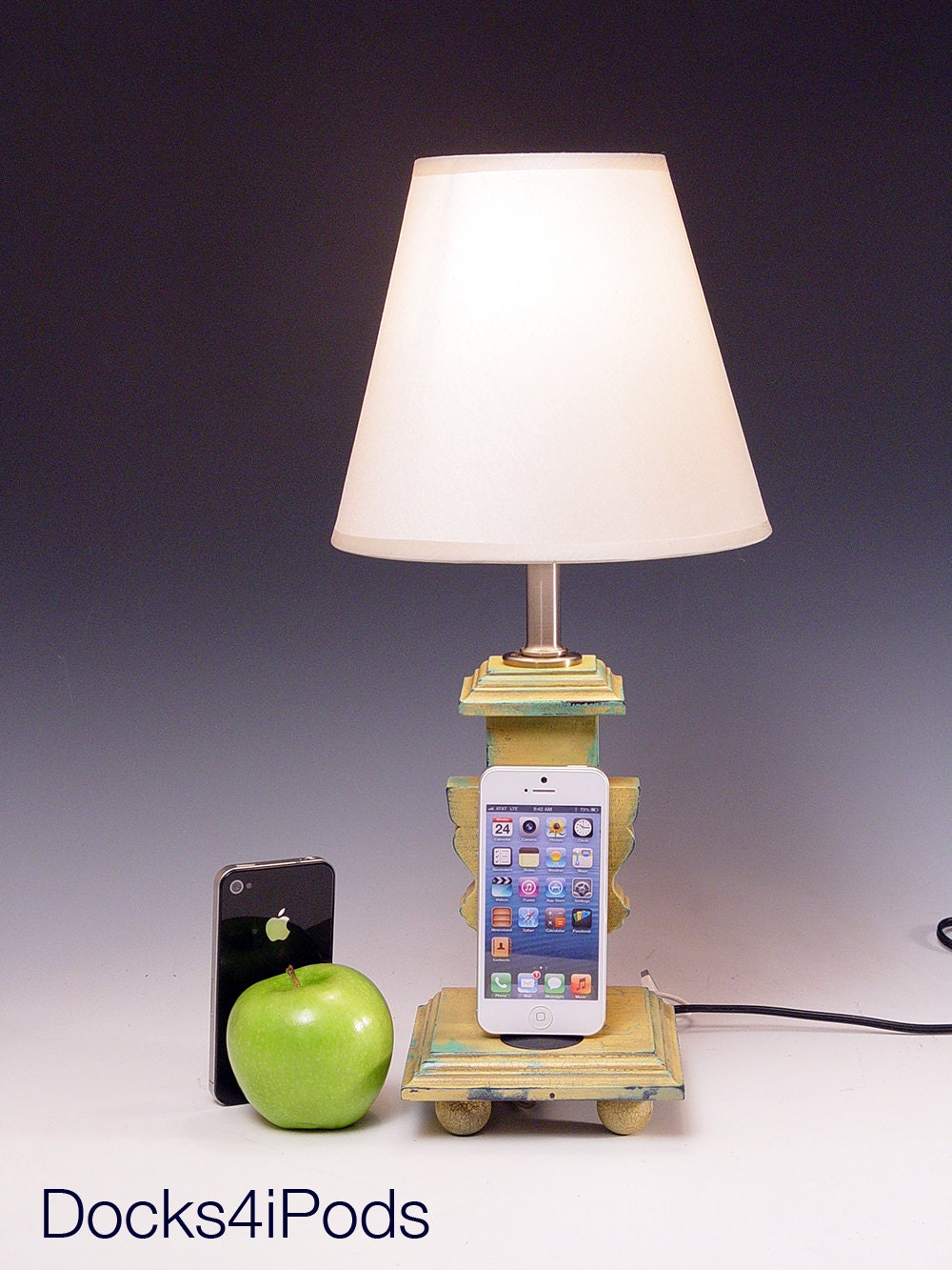 Table lamp docking station for ANY iPhone or iPod. 477. Shabby Chic. Cottage Rustic yellow and blue.. DockLamp. Edison bulb.