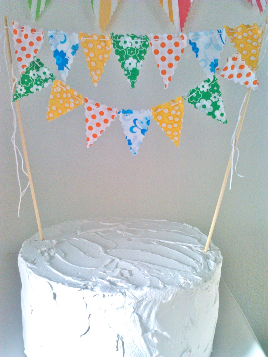 Cake Bunting Topper Retro style Flowers and dots Kelley Green, Bright Yellow, Orange and Blue Il_170x135