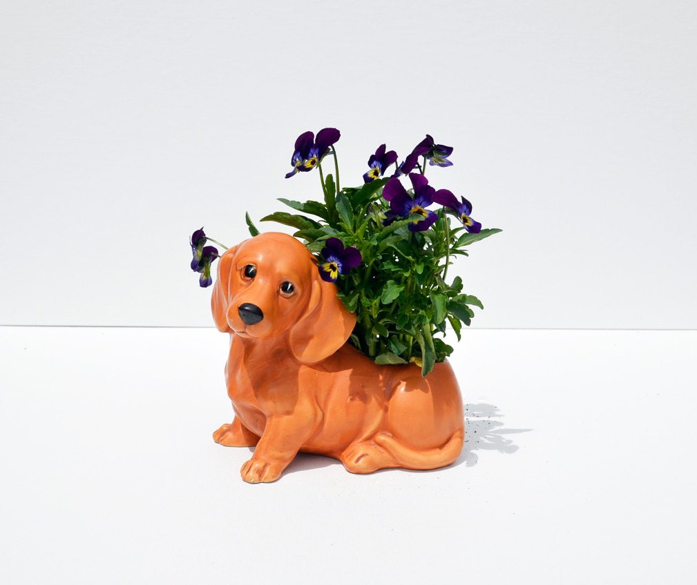 Vintage Caramel Brown Daschund Puppy Planter