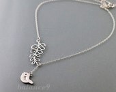 Bird Lariat Necklace, Silver branch small baby bird charm pendant, sterling chain, delicate leafy, everyday jewelry gift,  by balance9