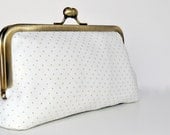 gold pin dot clutch collection : bridal clutch, bridesmaid gift, evening bag, ivory, dusty rose and gray with metallic gold pin dots