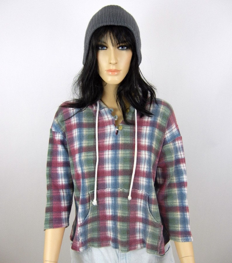 Vintage Hoodie, Thermal, Small, Medium, Grunge, Plaid, Nirvana, Kurt Cobain, 90's, Tumblr