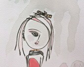 Sia in Oval Dot Dress-Original Mixed Media on Archival Paper- Pale Coral -Pale Orange--Pastel Pink-Off White-Brown and Very Pale Green