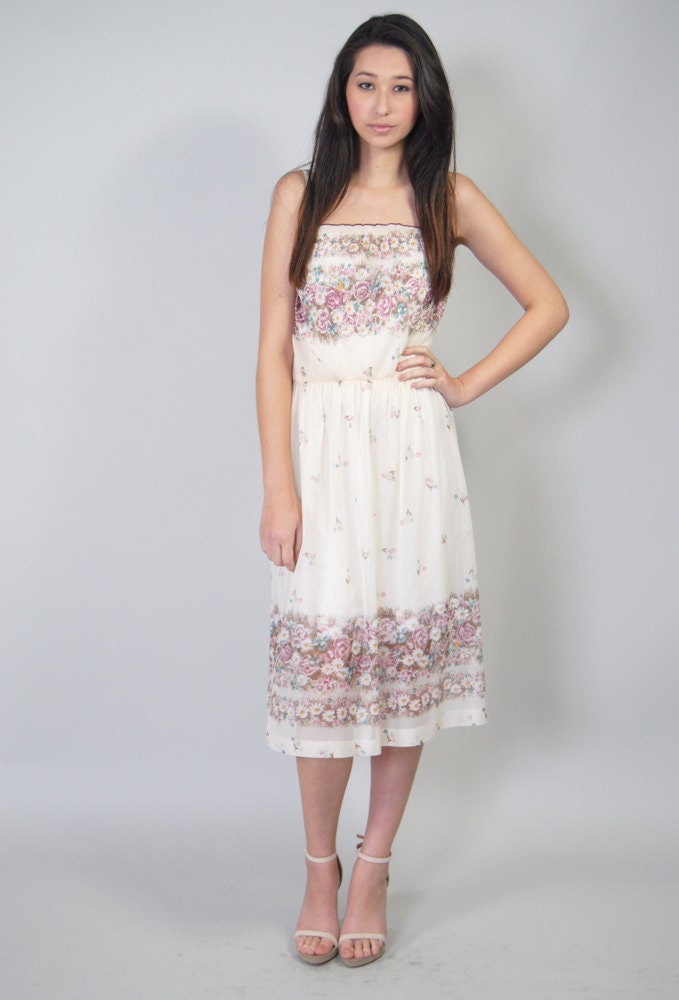 Vintage Floral Sleeveless Sun Dress 70s 80s Floral Sheer Summer Dress S M Summer Dress