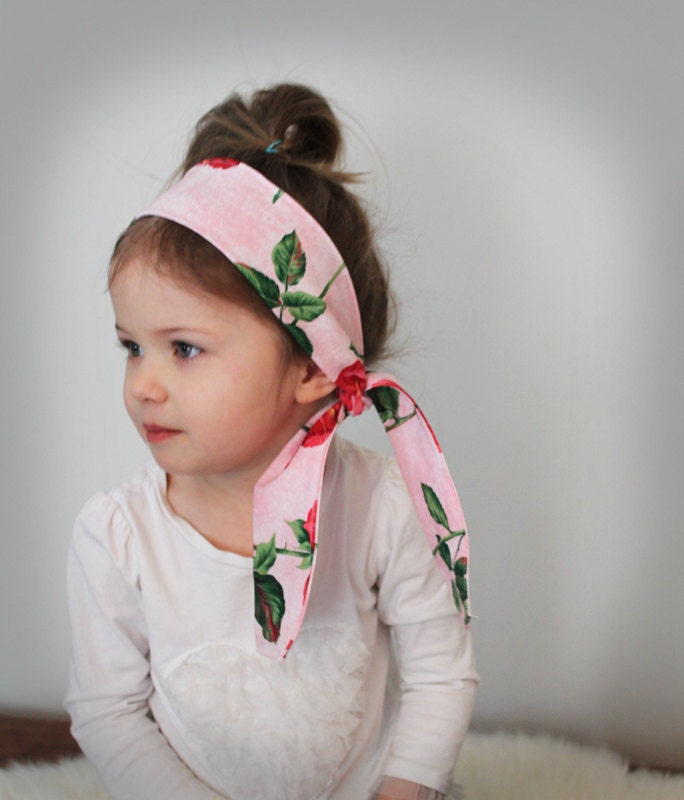Sweetheart rose tie up headband wrap . pink and red bow headband . little girl hair accessories . pretty  headband . floral . garden .