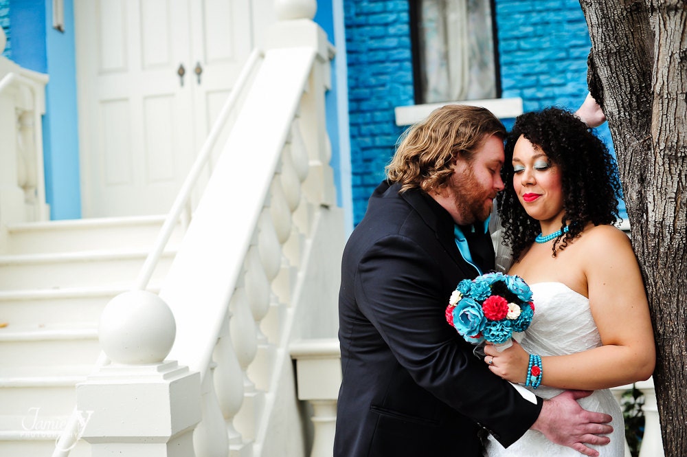Teal, Red and Black Rock and Roll Inspired Handmade Paper Flower Wedding Bouquet - Customize your Style and Colors - Made To Order