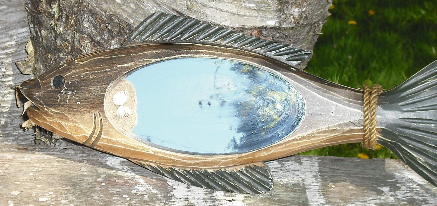 Fish Wall Mirror Rustic Wood Stained Shell Sand by SuVasi on Etsy