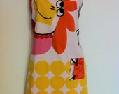 Full Apron, Recycled Linens, Funky Chicken print