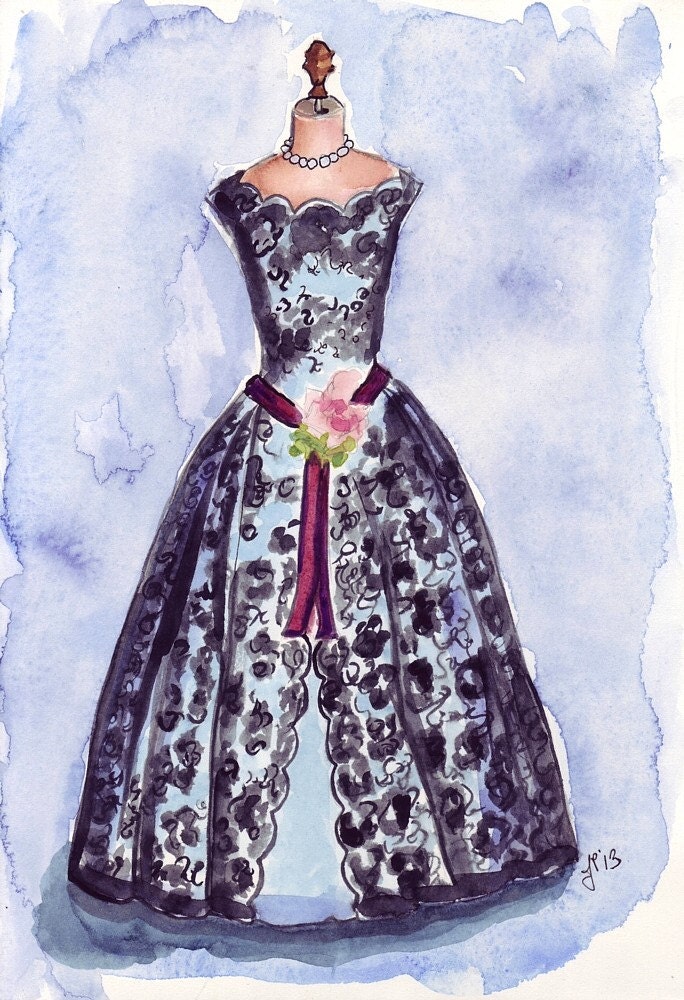 Original Watercolor Painting - Black Lace Vintage Dress - Fashion Illustration - Original Art, 7x10