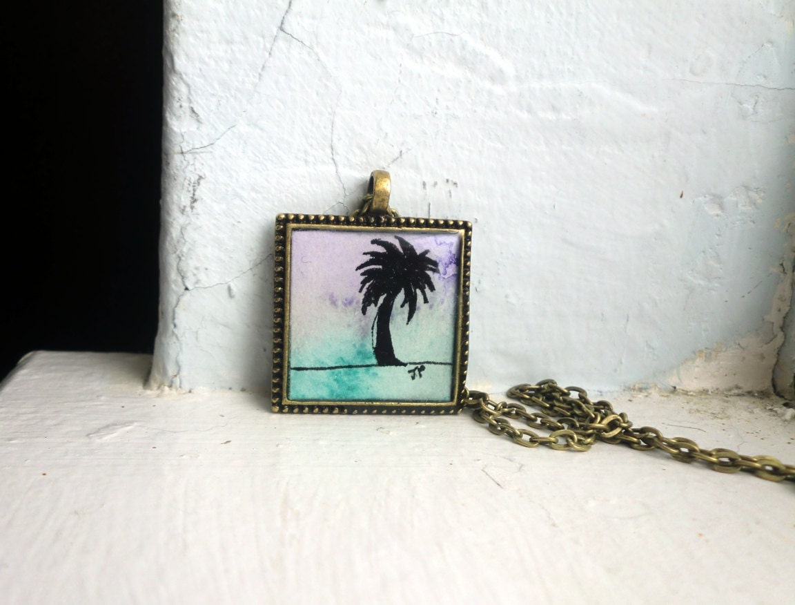Palm Tree Pendant Necklace - Silhouette on Purple and Blue - Hand Painted Watercolor Art Necklace