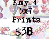 5x7 Print Set Watercolor Painting Illustration - Set of 4 5x7 Watercolor Art Prints - Wall Art for 38 Dollars