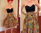 GORGEOUS 1940's Style Silk Novelty Butterfly & Flowers Print Full High Waisted Skirt by Designer Nanette Lepore - Ruched Waistband - Pockets