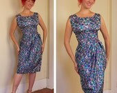 LOVELY Vibrant 1950's Couture Pure Silk Hourglass Watercolor Floral Draped Sarong Wiggle Cocktail Dress w/ Side 3D Bow & Ruching - Size M