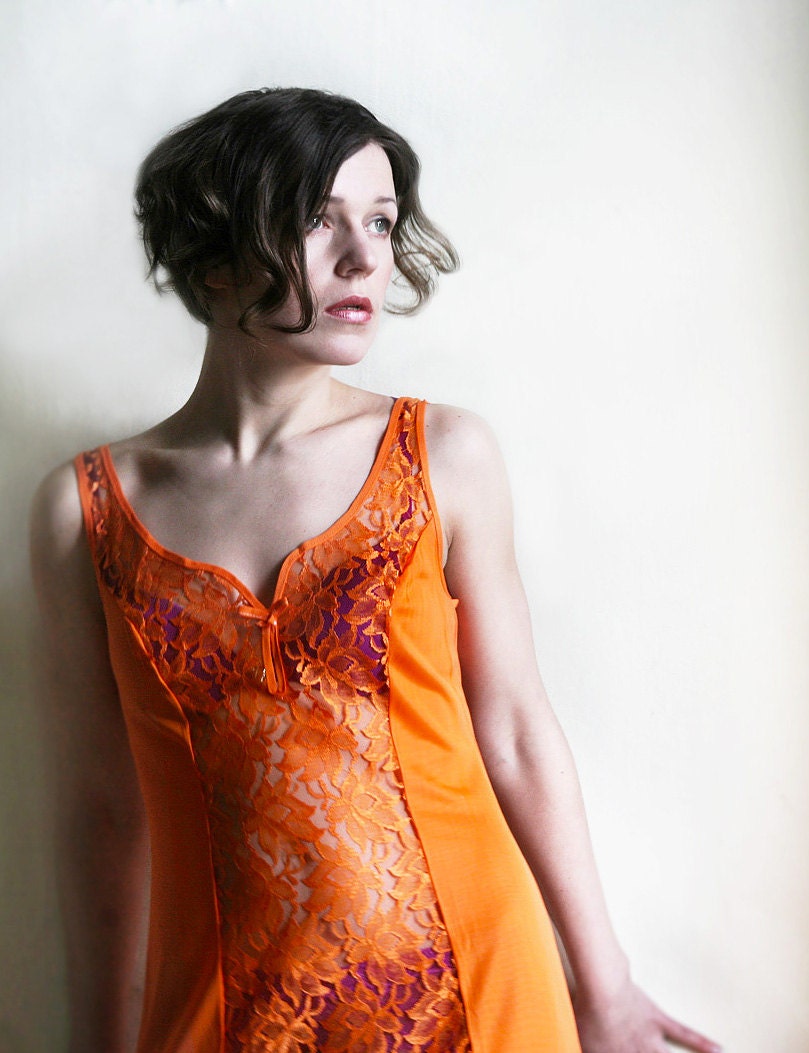 Orange 1970ies Lace Sexy Nightgown made in East Germany