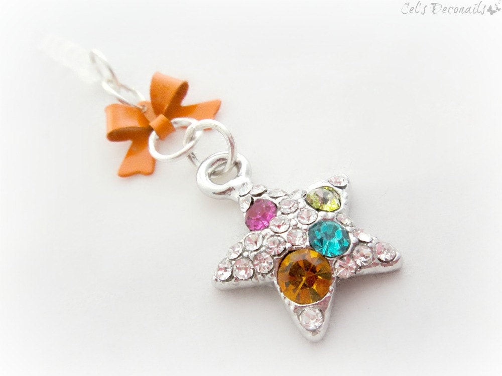 Orange gemstone star iPhone 5 dust plug charm, earphone jack charm for iPhone Smartphone, gift for her