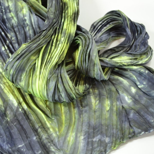 Silk Scarf, Hand Dyed and Pleated in Charcoal and Acid Green