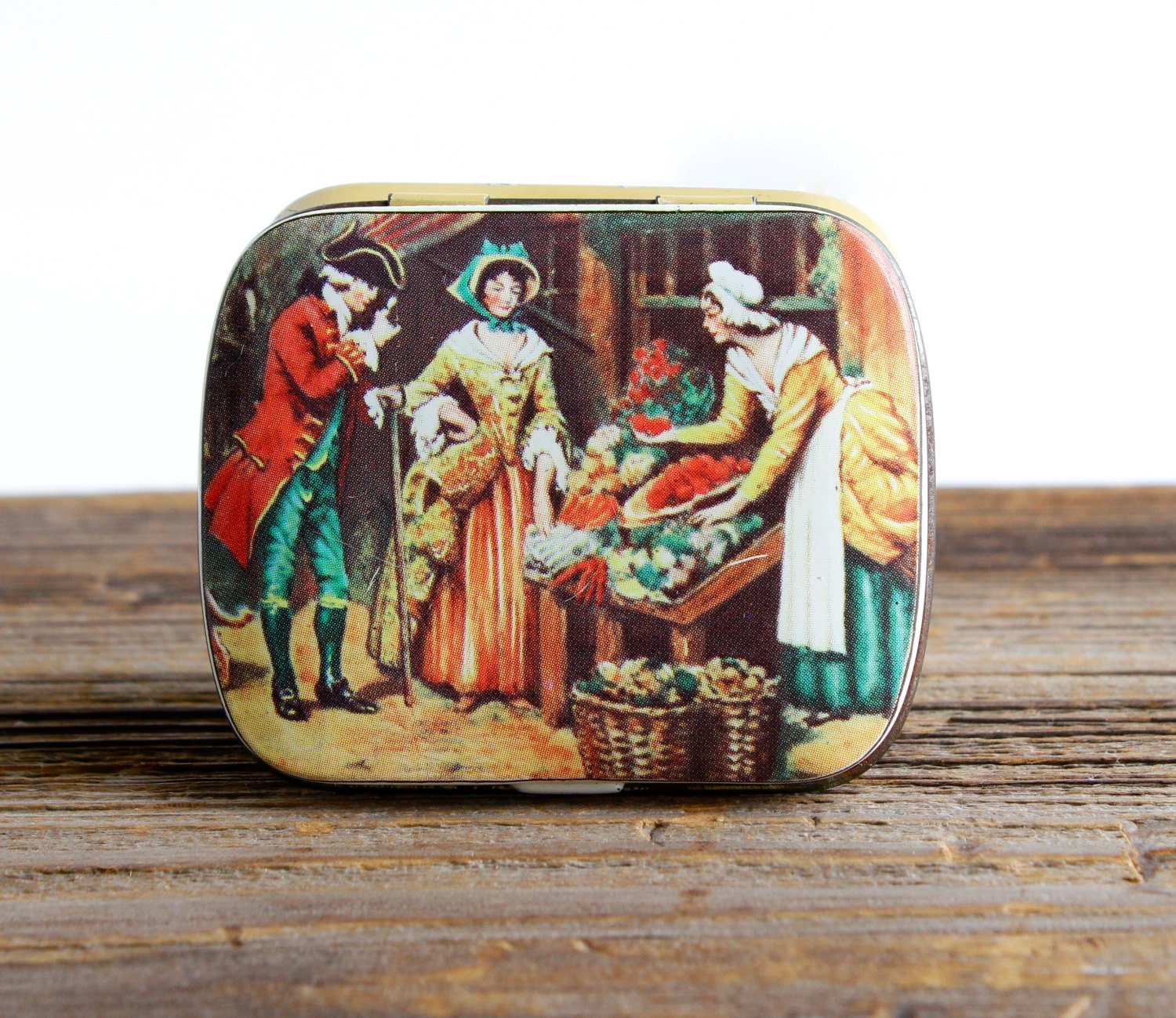 SALE - Vintage Colonial Design Tin Box - Tiny Pill Case Made in England Signed Design Regd.  / Market Container