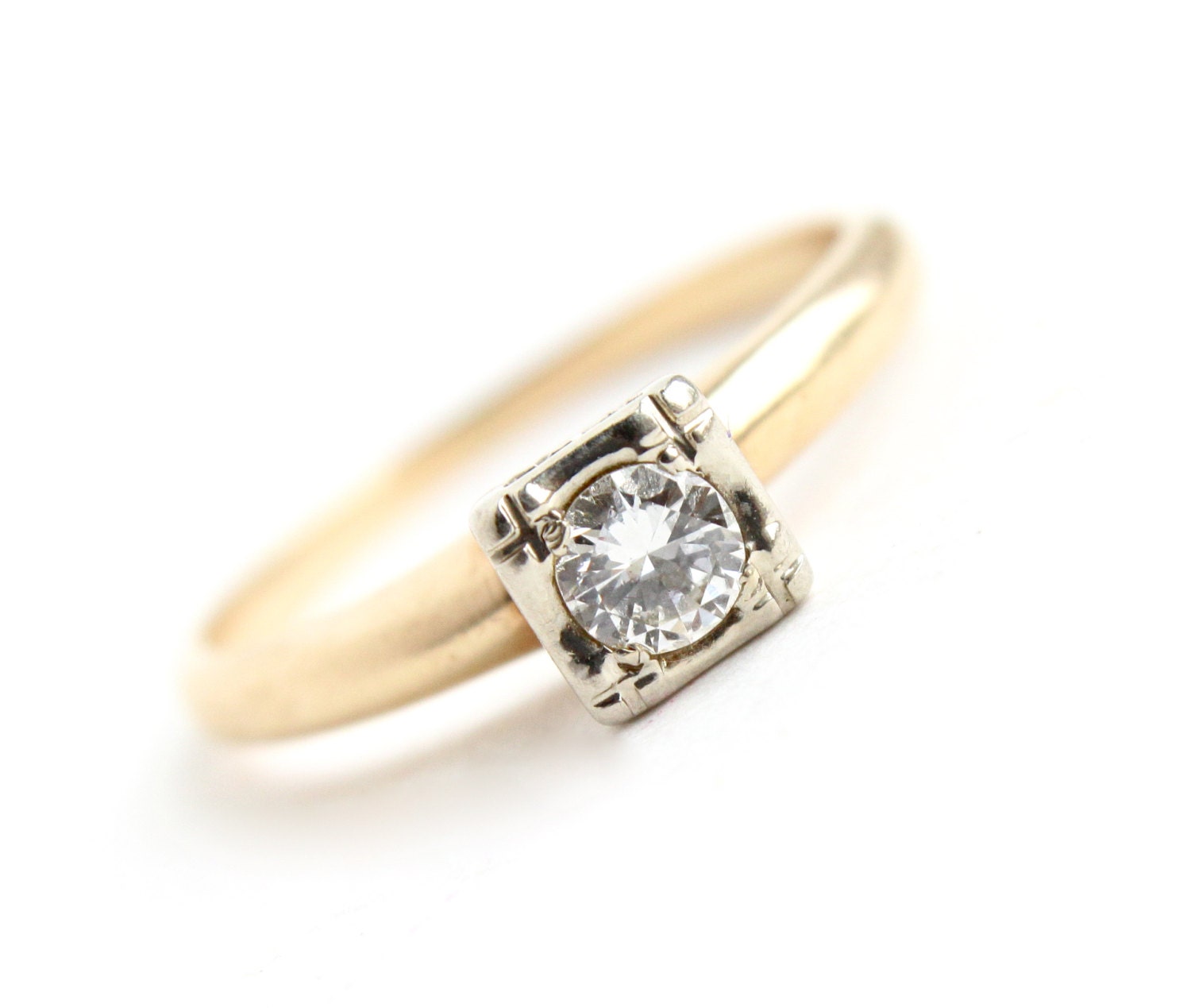 Vintage 14K Yellow & White Gold Diamond Ring - Size 5 Mid Century Engagement Fine Jewelry / 1/6 Carat