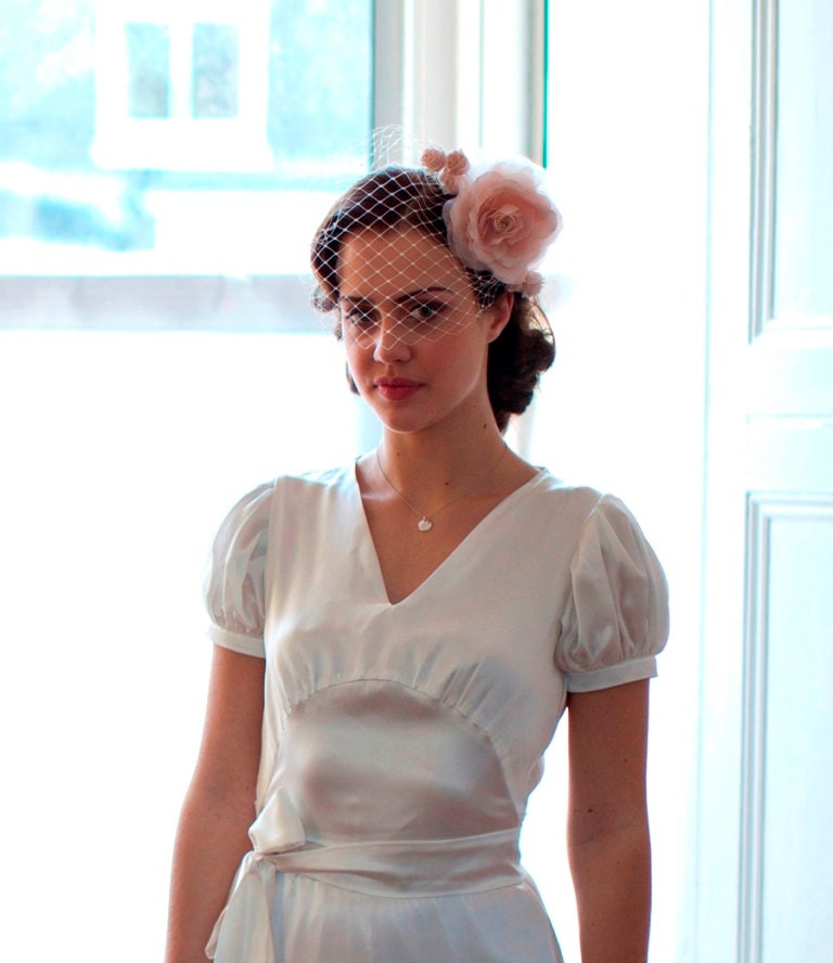 Birdcage veil and silk rose headpiece,romantic,vintage accessory,1940s headpiece,1940s veil,ivory veil,pink veil