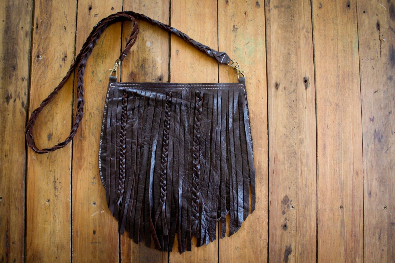 NZFINCH large dark brown leather pouch with fringe detail