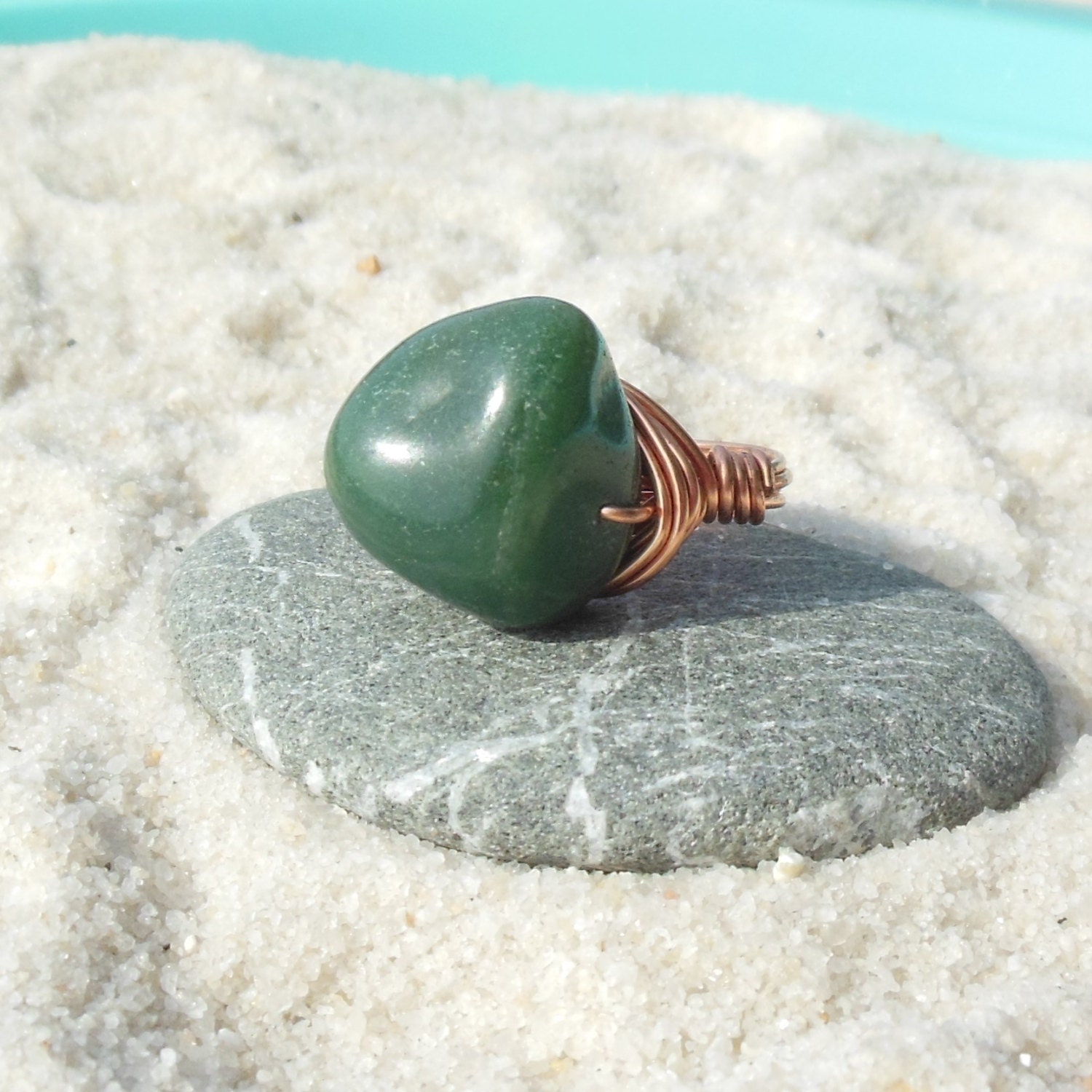 Moss Ring - fancy green jasper stone - copper wire wrapped - size 6