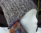 Hand Knitted Hat with Multicolor Felted Earflaps - Gray Women Hat - Warm Winter & Spring Cap