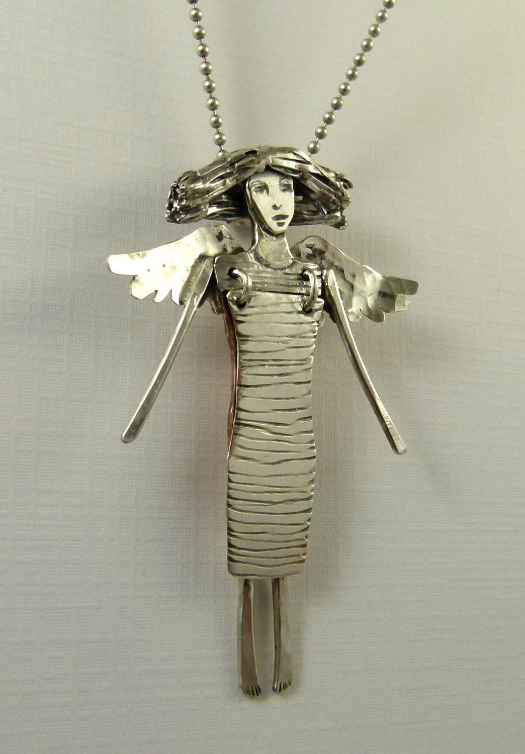 Angel Wren Is A Woman With Wings - Art Jewelry Pendant - Up cycled Sterling, Copper, And PMC - 1175