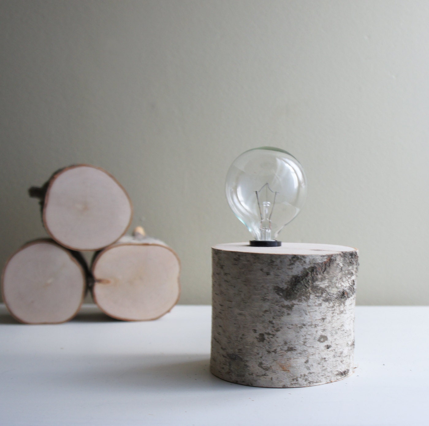exposed bulb white birch forest lamp - natural white birch wood
