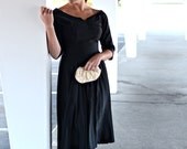 the donna reed dress vintage 50s 60s satin tea length three quarter length sleeves vneck in black