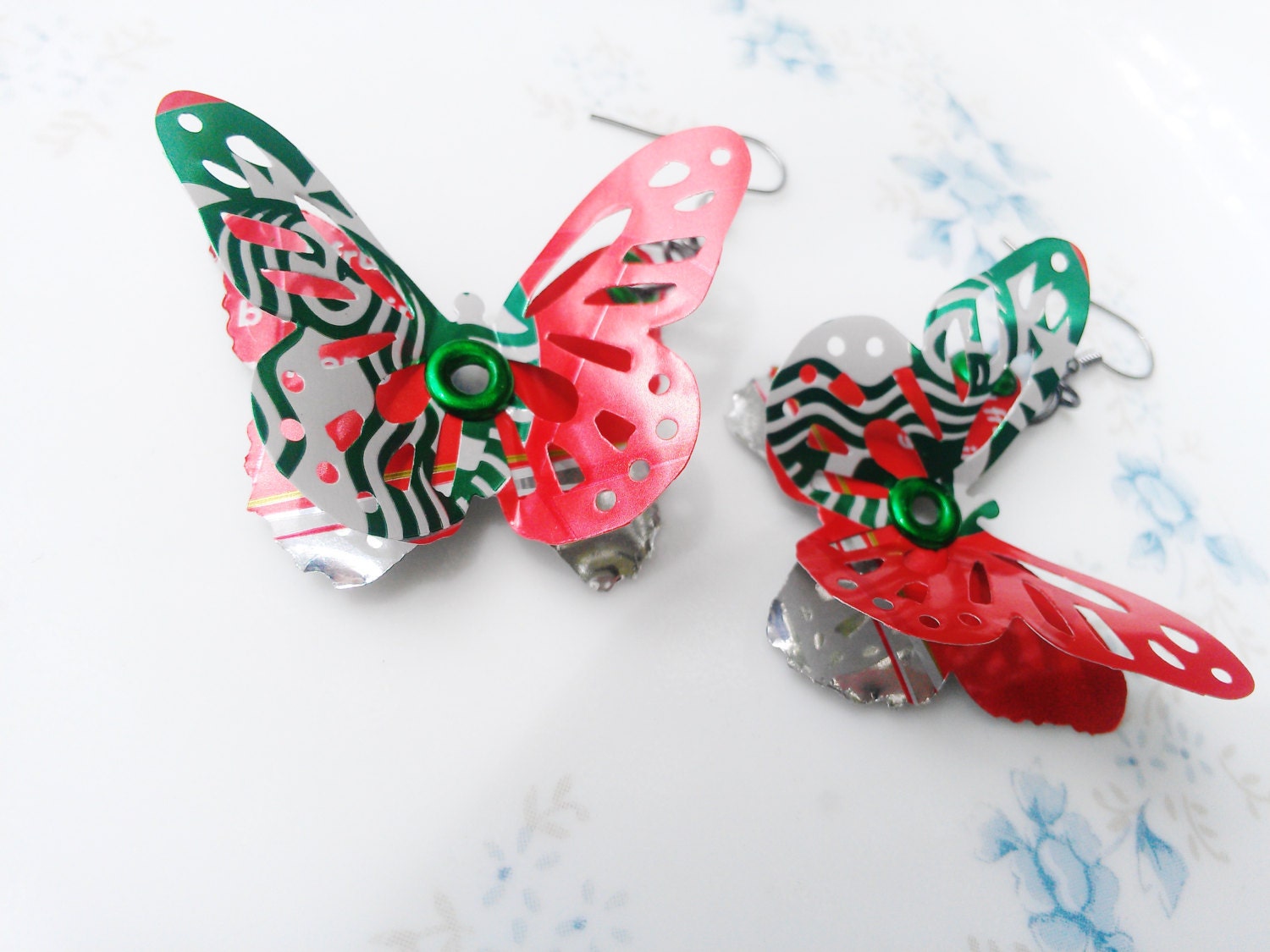 Recycled Jewelry Starbucks Jewelry Earrings Butterfly Recycled Soda Can Jewelry Eco Friendly Gift 3D - E01