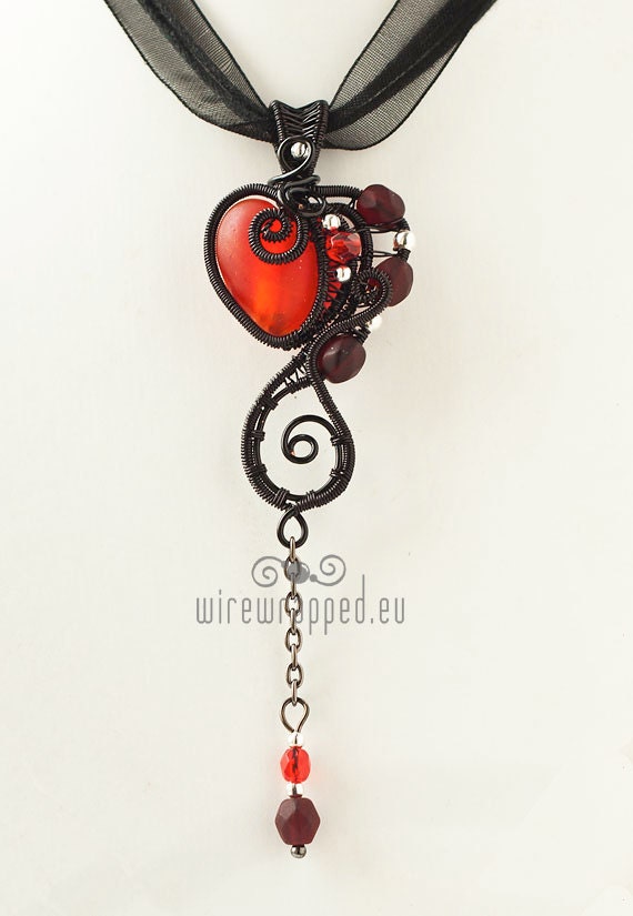 OOAK Red goth wire wrapped heart pendant