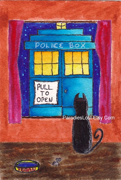Doctor Who TARDIS Acrylic Cat Window Painting Science Fiction Geek Art