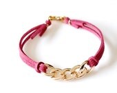 Gold Chain Suede Leather Bracelet - Fuchsia