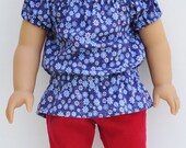 American Girl Clothes - Blue Floral Tunic with Red Upcycled Skinny Jeans